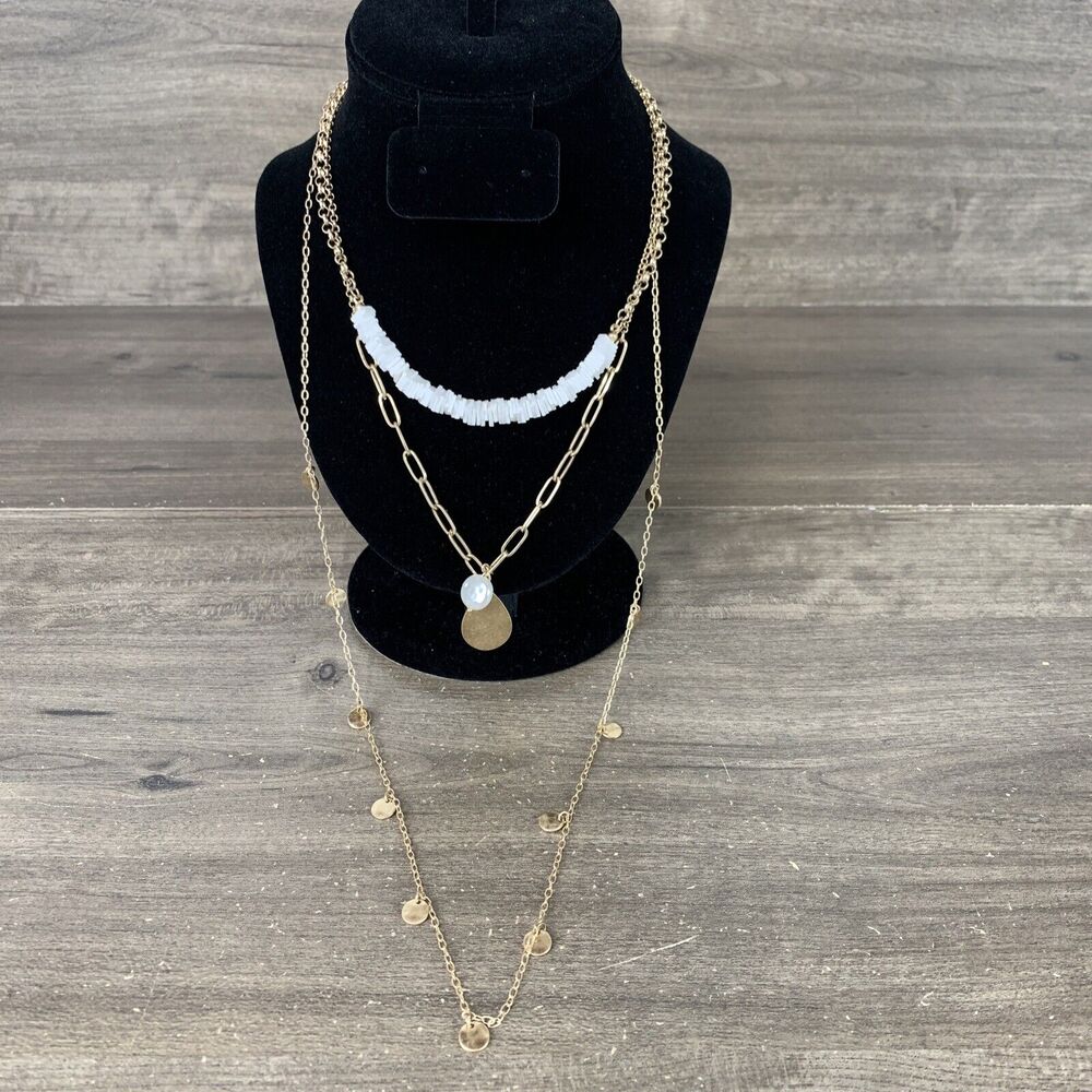 Womens 3 Layered Gold Tone Link Chain Charm Droplet Pendant Necklace Puka Shell